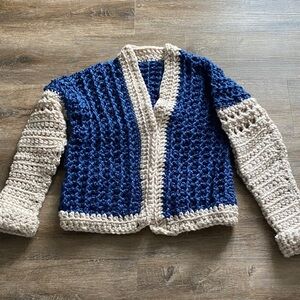 Chunky Crochet Open-Front Cardigan Sweater in Navy and Cream